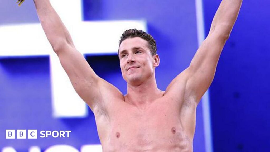 Kristian Gkolomeev celebrates winning the men's 50m freestyle at the Enhanced Games