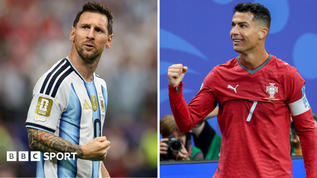 Lionel Messi (left) and Cristiano Ronaldo (right) celebrate goals at the World Cup
