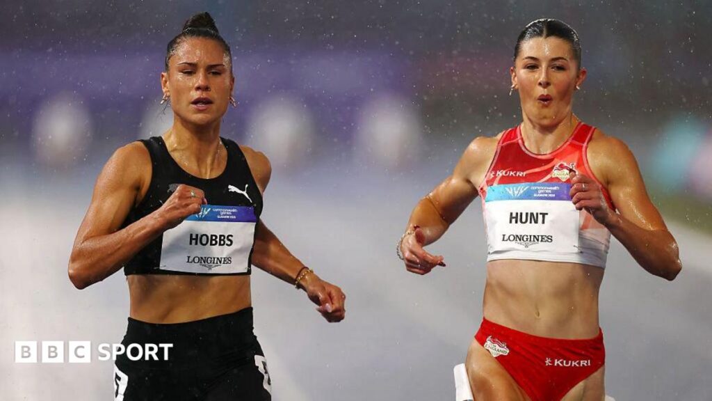 England's Amy Hunt celebrates winning a silver medal in the 100m at the Commonwealth Games in Glasgow