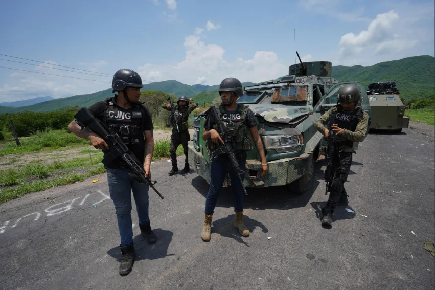 US Treasury sanctions more than 50 Jalisco cartel-linked operators Jalisco New Generation Cartel (CJNG) fighters with an improvised armored vehicle in Aguililla, Michoacán in 2021.