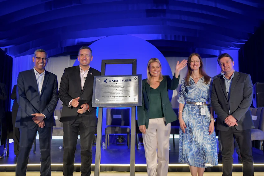 Brazilian aerospace giant Embraer begins manufacturing in Mexico Chihuahua governor presenting at the opening of Embraer factory in the state