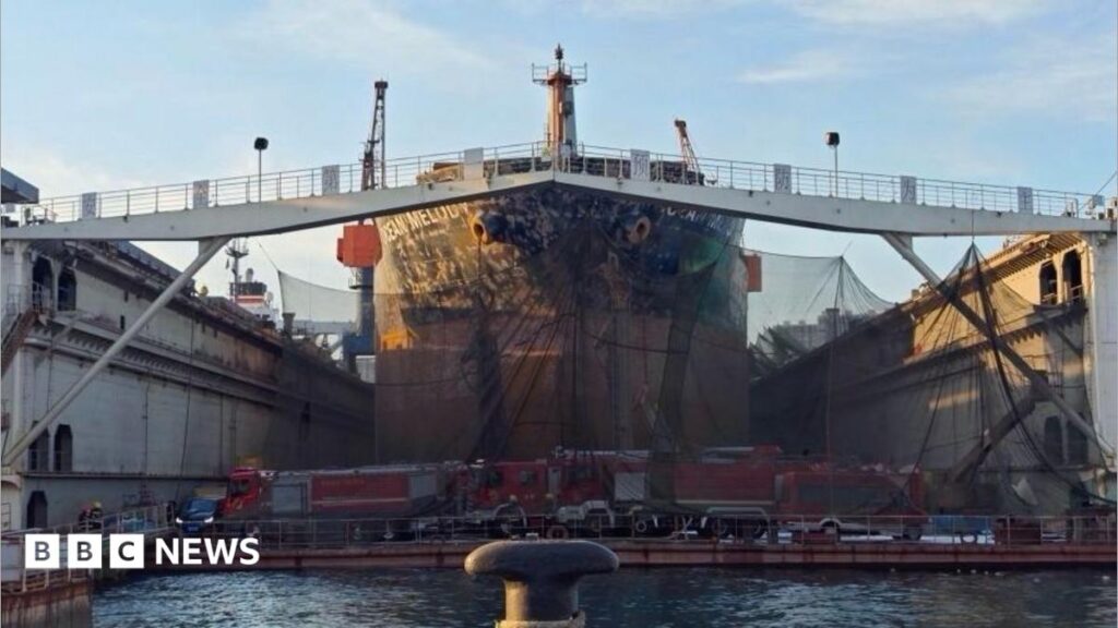 Large boat undergoing maintenance