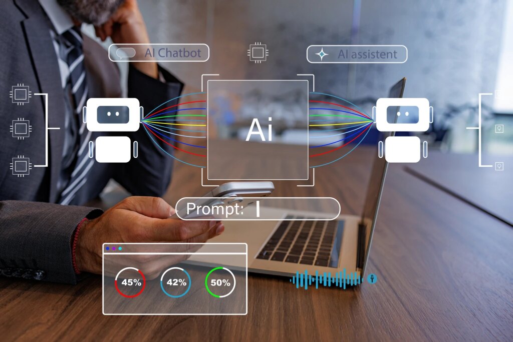 Business professional interacting with ai chatbot interface on laptop, using digital technology for automation and machine learning