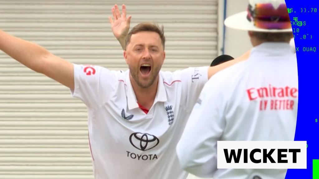 England v Pakistan Third Test: Ollie Robinson removes Saim Ayub for his 100th Test wicket Ollie Robinson celebrates after taking his 100th Test wicket
