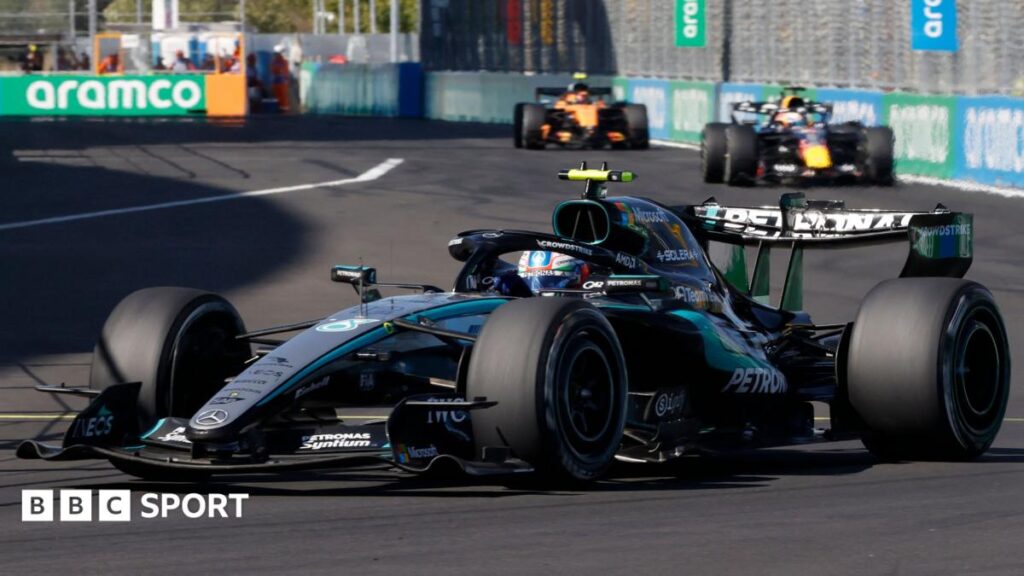 Kimi Antonelli ahead of Max Verstappen and Lando Norris during the Spanish Grand Prix