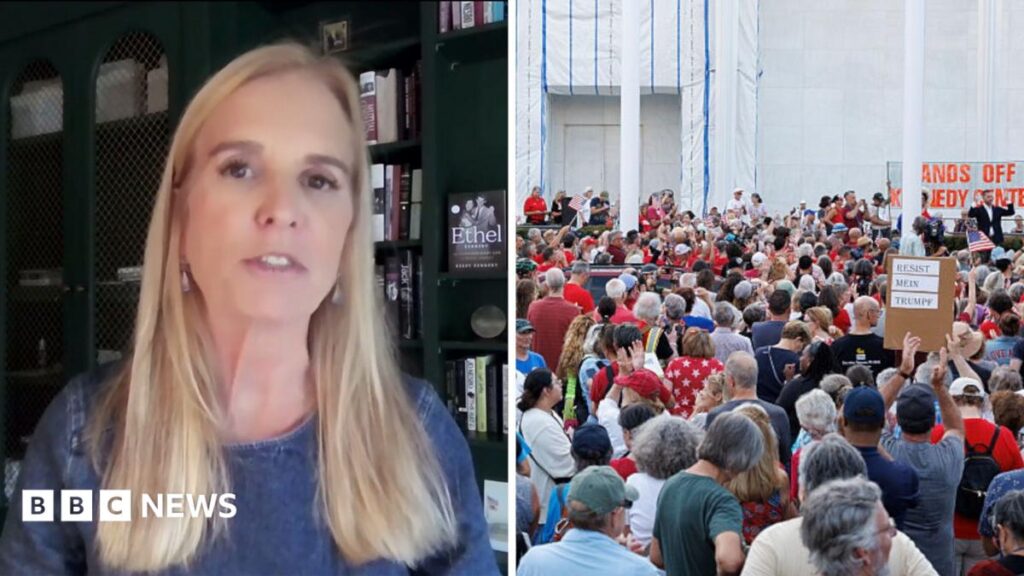 split screen of Kerry Kennedy on the left, looking into the camera, and a protest outside the Kennedy Center on the right.