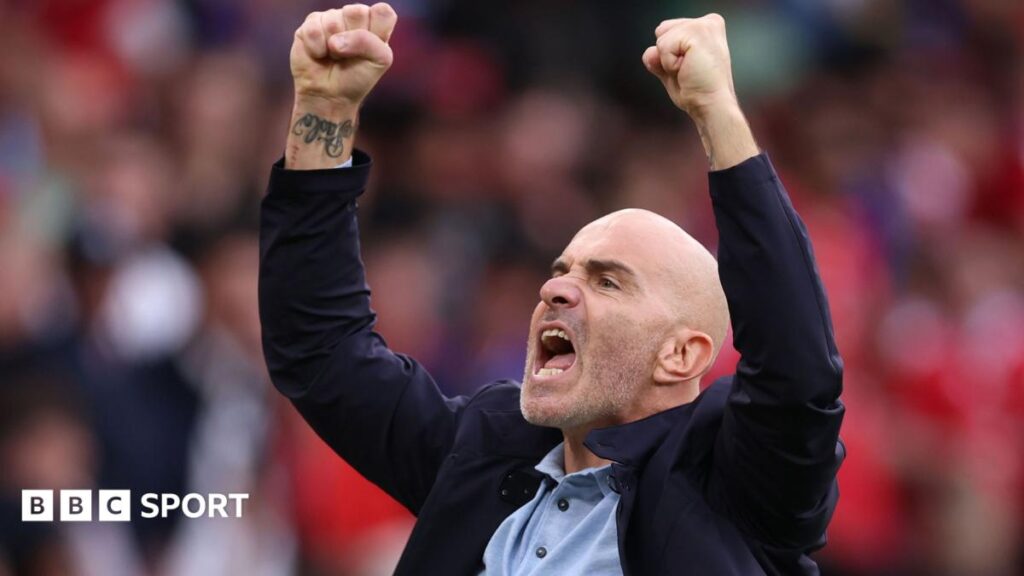 Enzo Maresca, manager of Manchester City, celebrates victory at the final whistle during the Premier League 2026-27 match between Manchester United and Manchester City at Old Trafford
