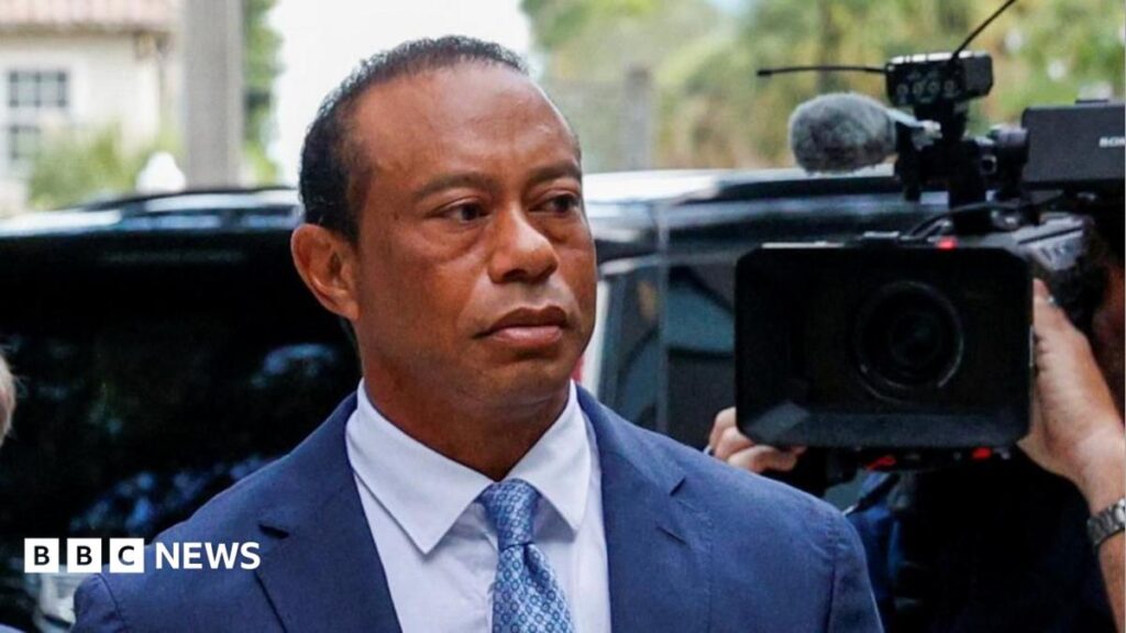 Tiger Woods looks on after the match against the Los Angeles Golf Club at SoFi Center on March 24, 2026 in Palm Beach Gardens, Florida.