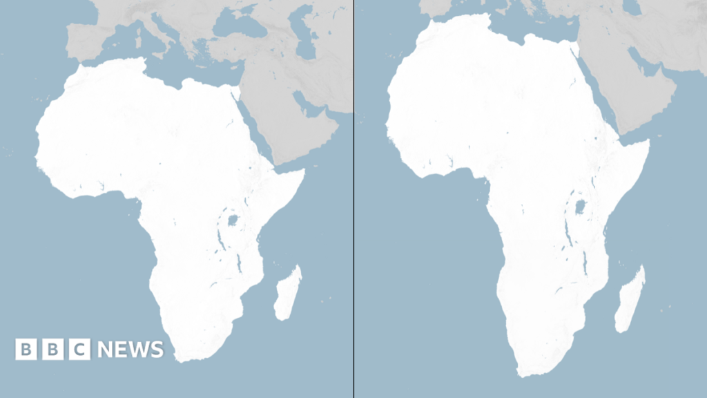 Side-by-side maps of Africa comparing two map projections. The Mercator projection on the left makes Africa appear smaller in comparison with Europe to its north. The Equal Earth projection on the right shows a longer, more proportionally accurate shape of the continent.
