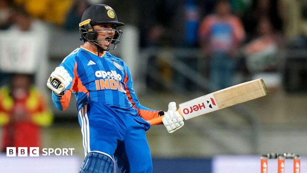 Abhishek Sharma celebrates reaching his century for India v New Zealand