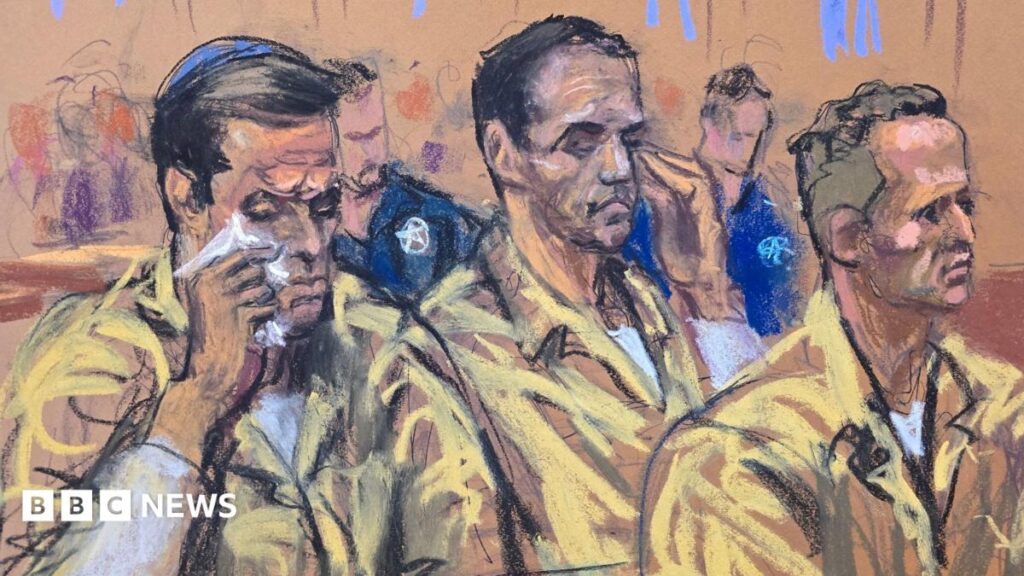 A court sketch shows real estate brokers Oren and Tal Alexander and their brother Alon in yellow prison unifoprms sitting in court. The brother on the left side is wiping a tear with a tissue.