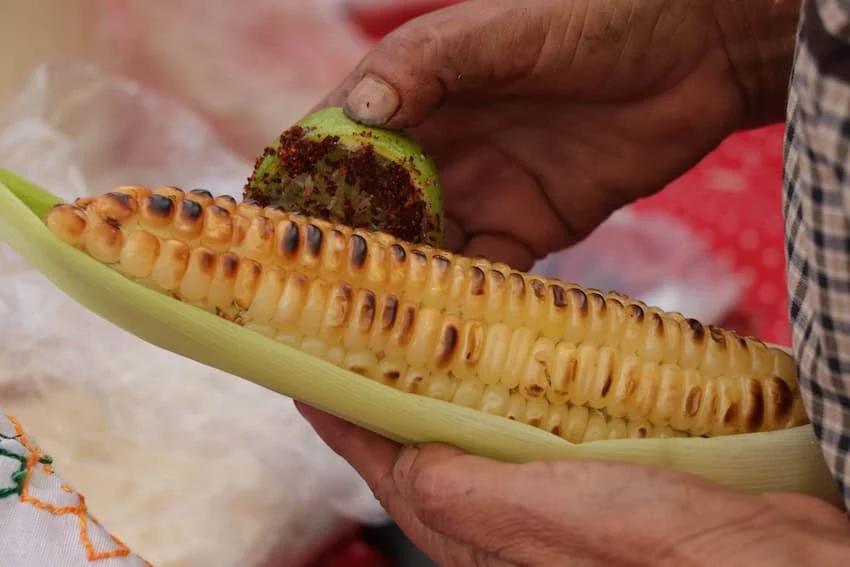 How one elotero’s 40-year journey reflects Mexico City’s economy A man rubs his corn on the cob with lime and seasoning.
