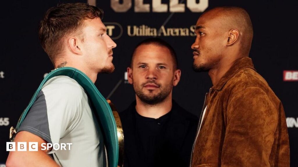 Dalton Smith has the WBC light-welterweight title over his shoulder as he stares at Alberto Puello