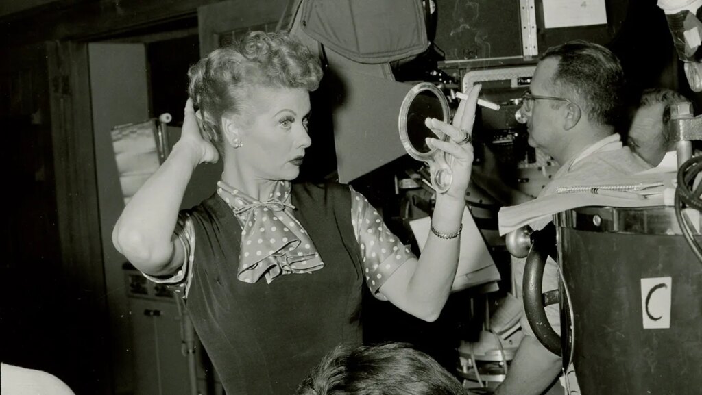 Lucille Ball backstage during a live filming of I Love Lucy